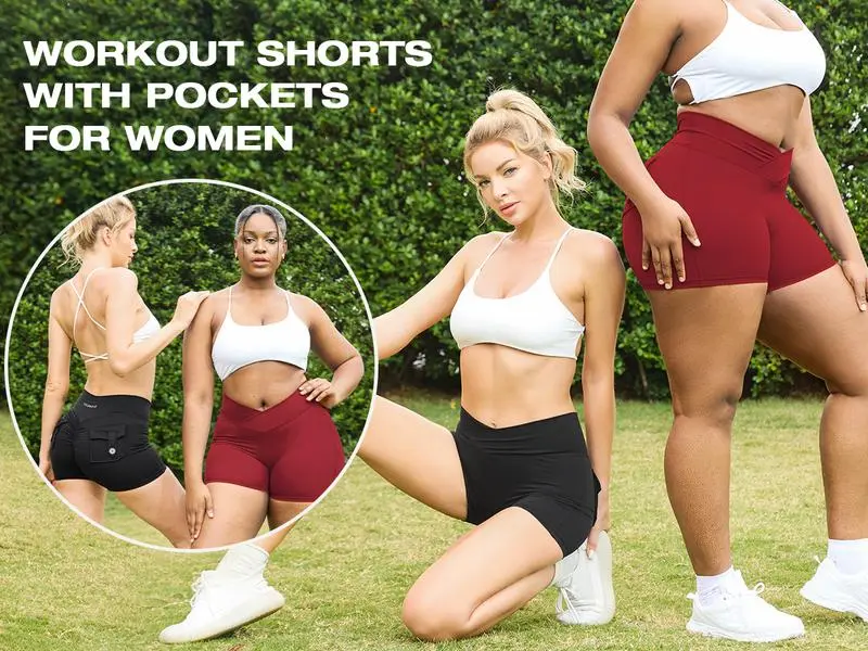 Scrunch Workout Shorts with Pockets Charm Gym Biker Shorts for Women High Waisted Yoga Booty Shorts elastic athletic