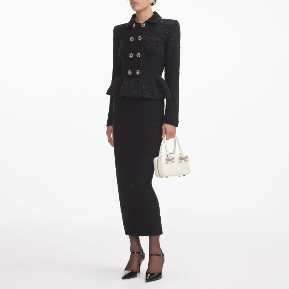 Black Textured Knit Peplum Midi Dress