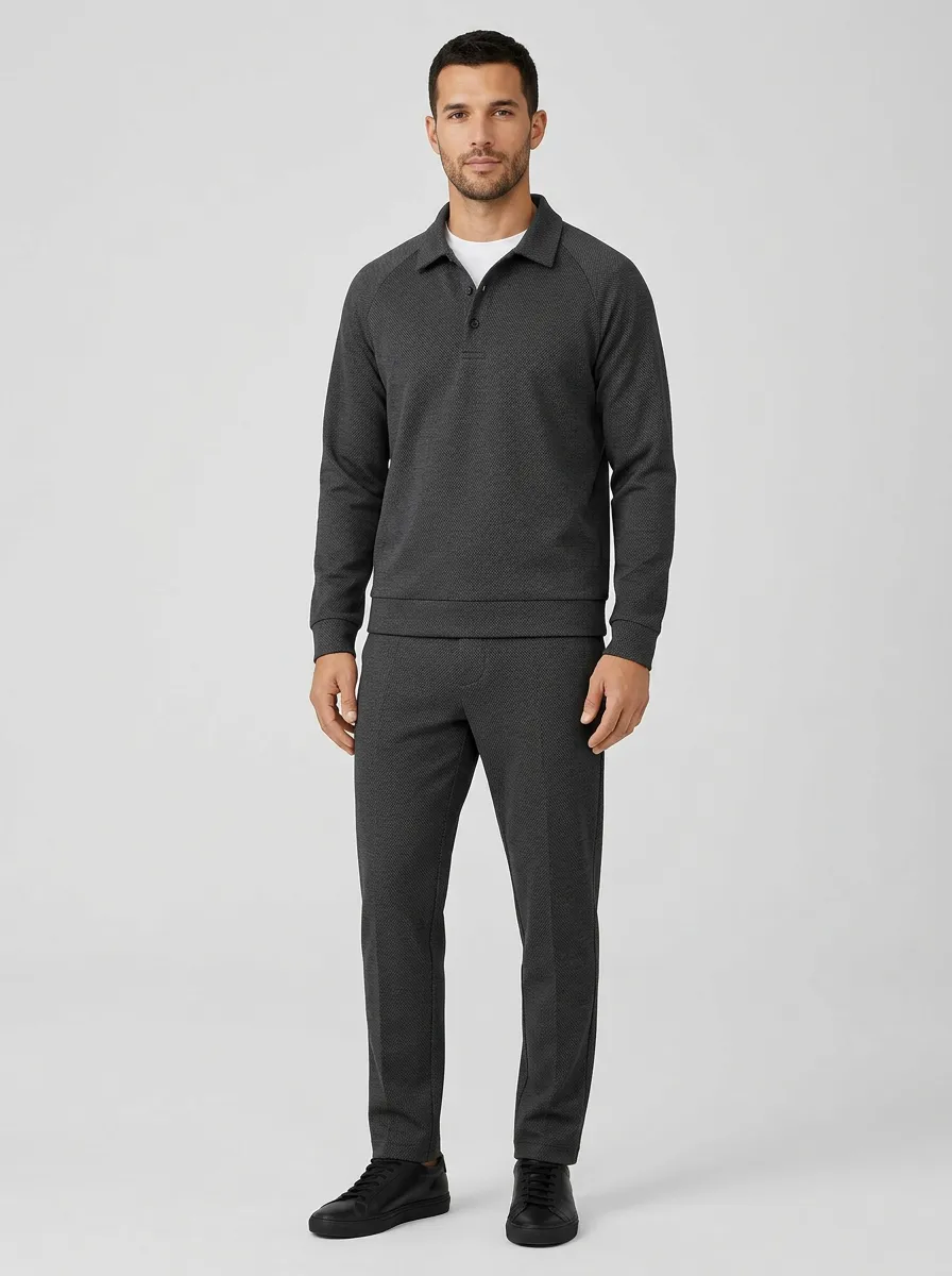 Men's Classic Textured Minimal Polo Shirt and Pants Set