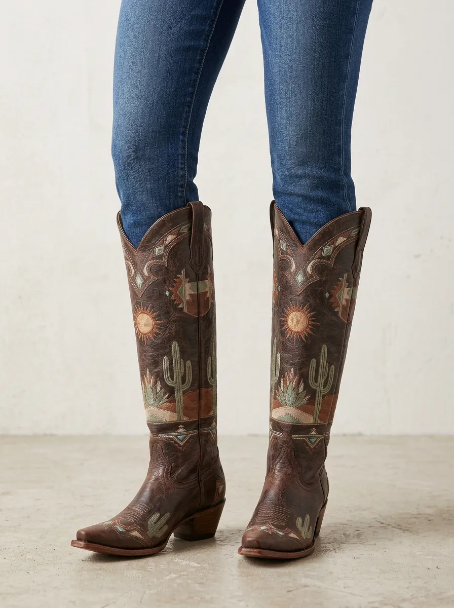 Women's Western Cactus Sun Geometric Embroidered Pointed-Toe Block-Heel Denim Over-the-Knee Boots