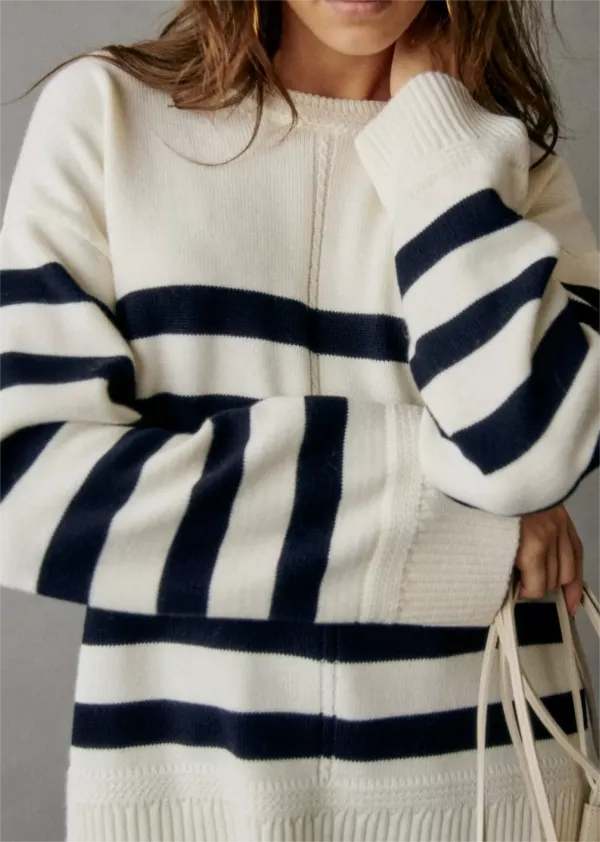 Black And White Striped Crew Neck Sweater