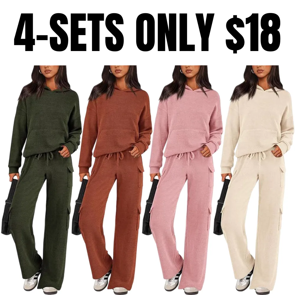 Women's 2-Piece Knitted Sets Hoodie & Wide Leg Pants with Pockets