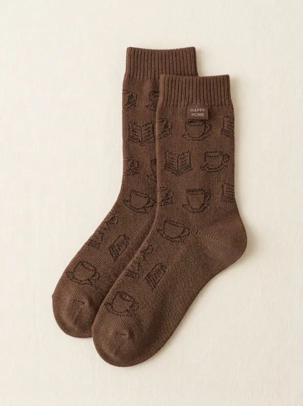 Contemporary Coffee-Motif Book-Motif Casual Socks