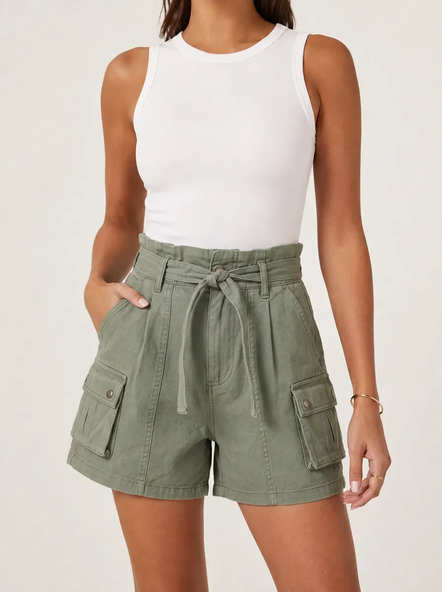 Women's Casual Olive Green High Waisted Cargo Shorts