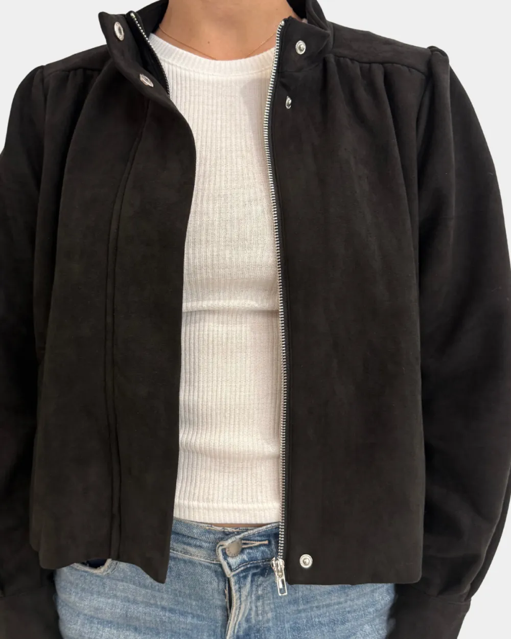 Suede Mock Neck Zip Front Jacket