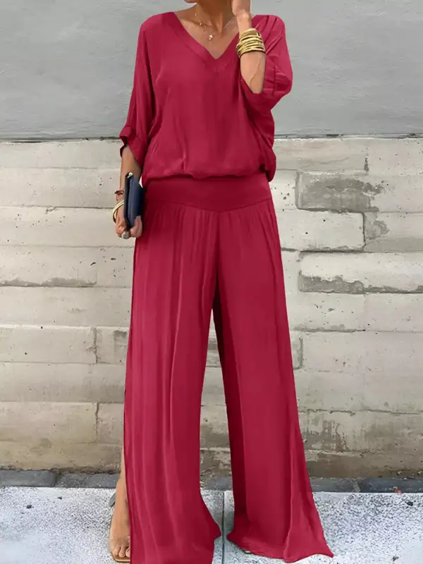 V Neck Top and Wide Leg Pants Set