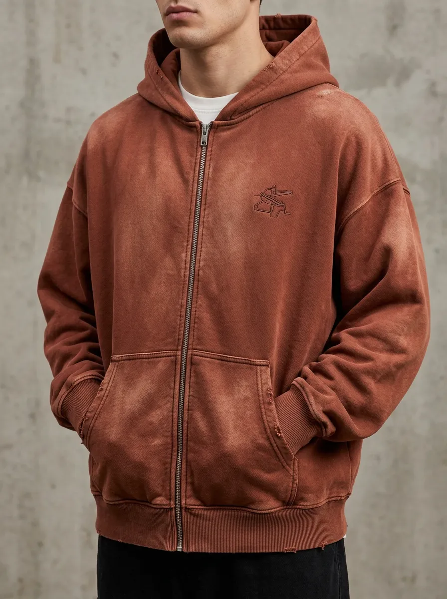 Men's Vintage Washed Brown Embroidered Logo Zip Up Hoodie