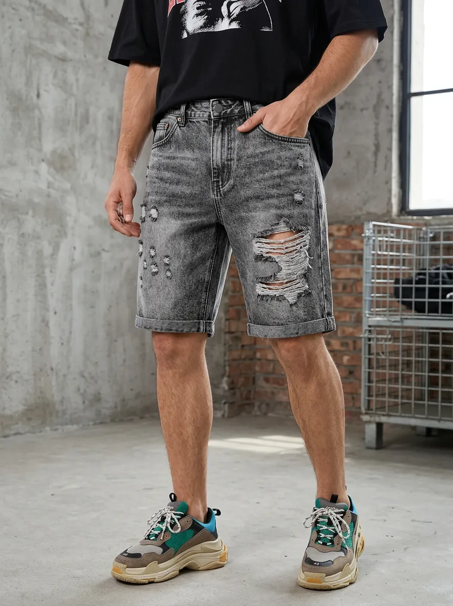 Men's Streetwear Distressed Acid Wash Denim Shorts
