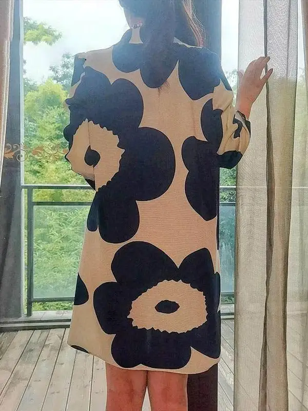 Long Sleeve Relaxed Flower Print Pleated Mock Neck Mini Dress