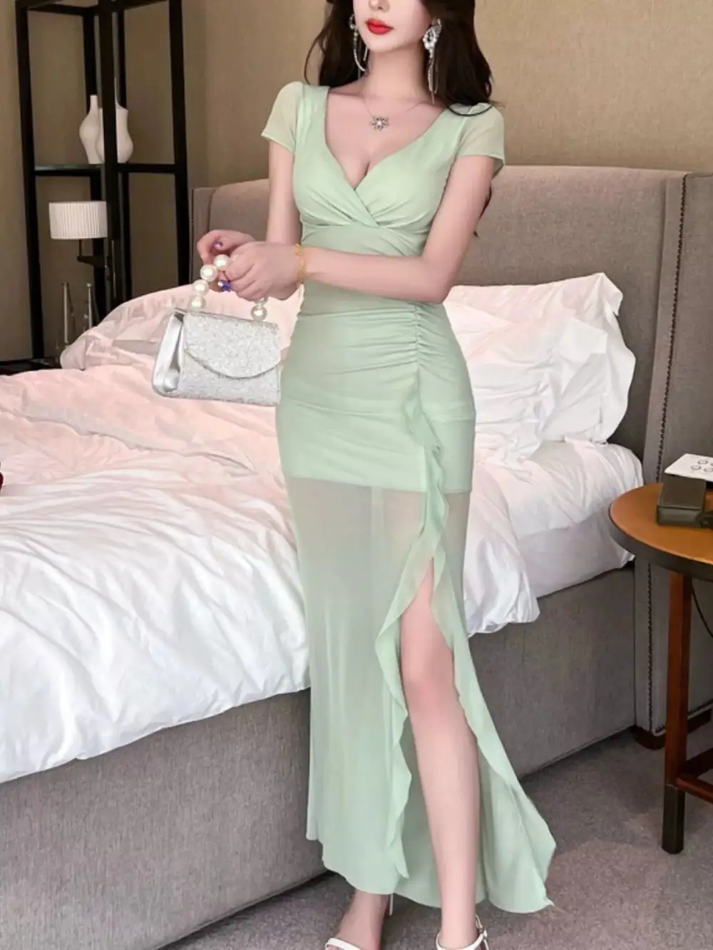 Ruffle Slit Dress Casual