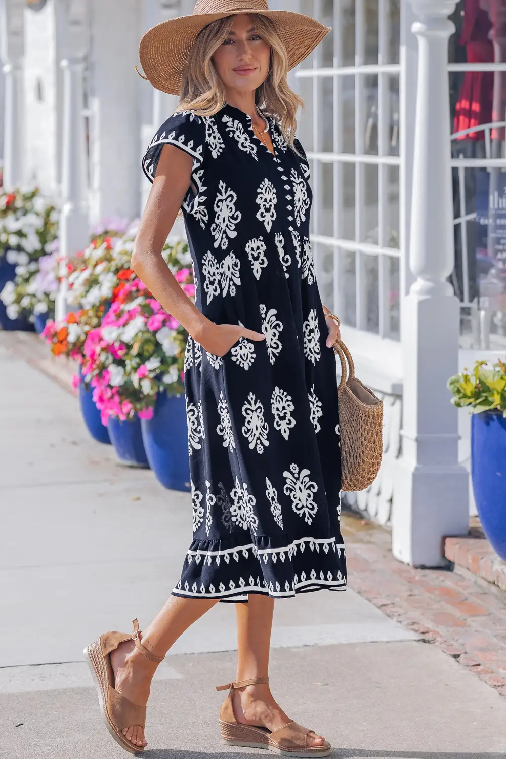 Printed Split Neck Short Sleeve Midi Dress