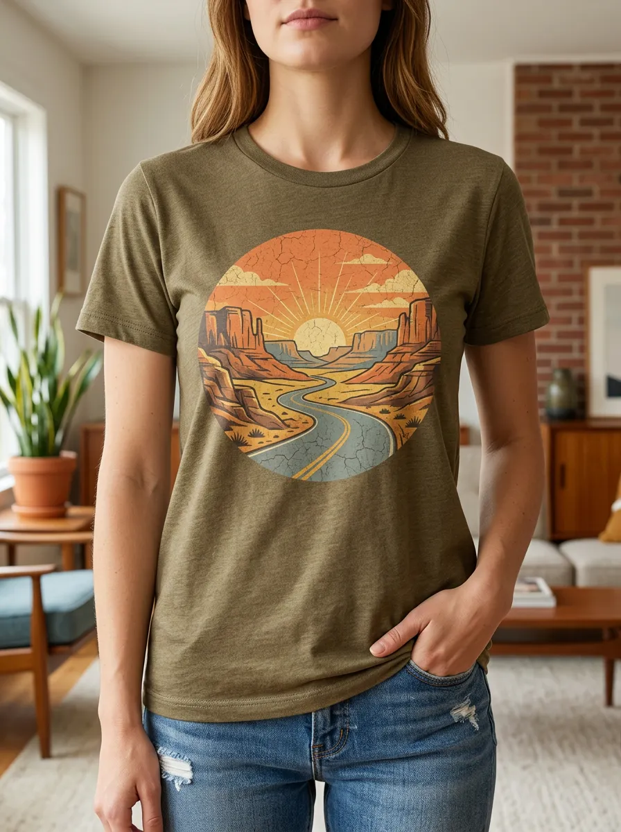 Women's Desert Road Travel Lover Retro Sunset Printed T-shirt