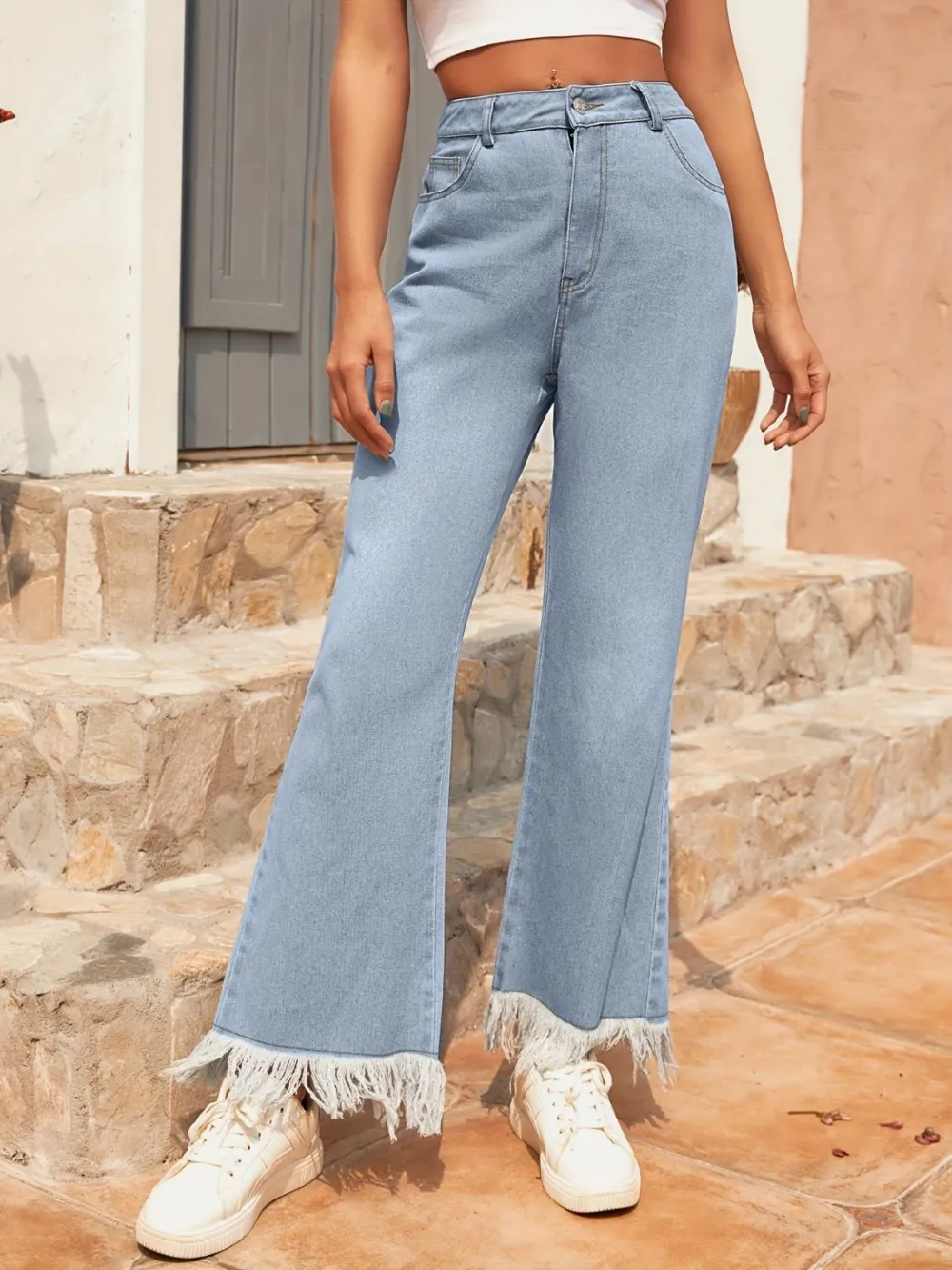 Flare Leg Raw Hem Pocketed Denim Jeans