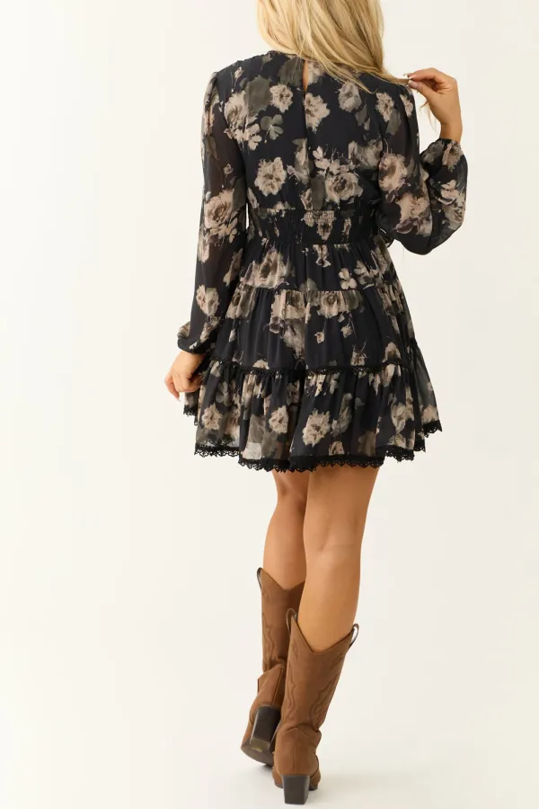 Black Floral Print Long Sheer Sleeve Short Dress
