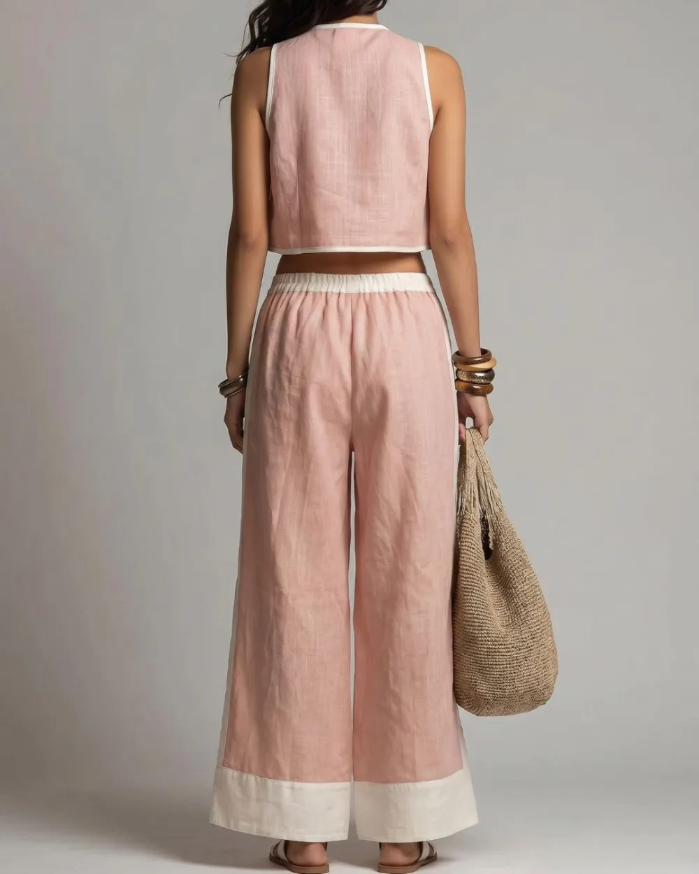 Plunging V-Neck Crop Top and Wide Leg Pants Set
