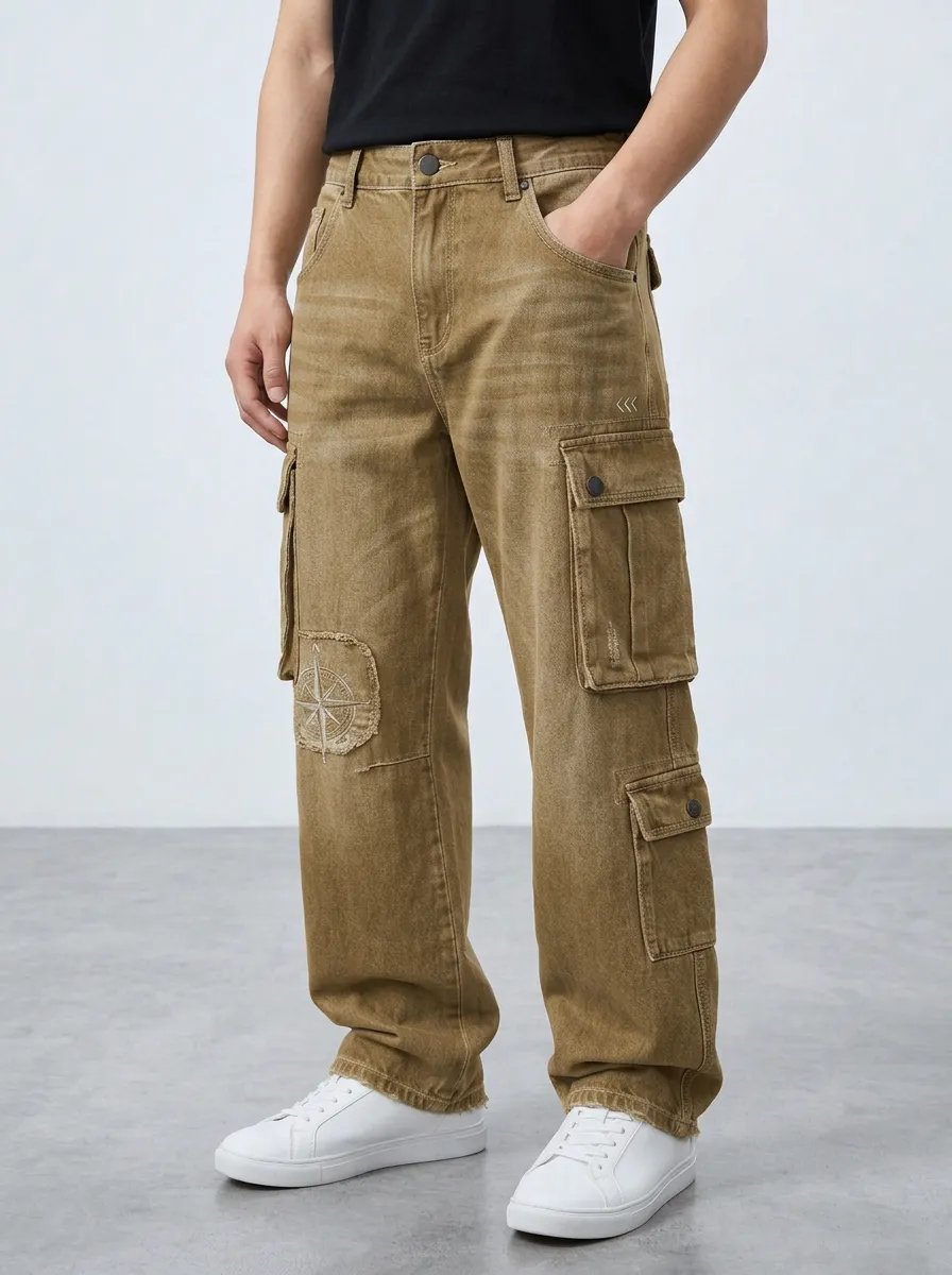 Men's Compass Graphic Distressed Denim Printed Cargo Pants