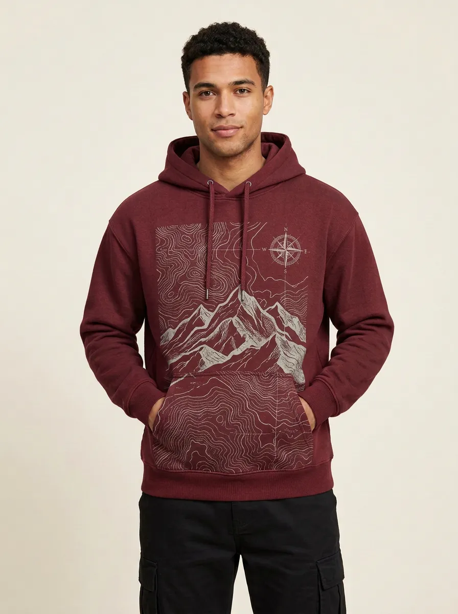 Men's Hiking Adventure Mountain Compass Topographic Graphic Hoodie