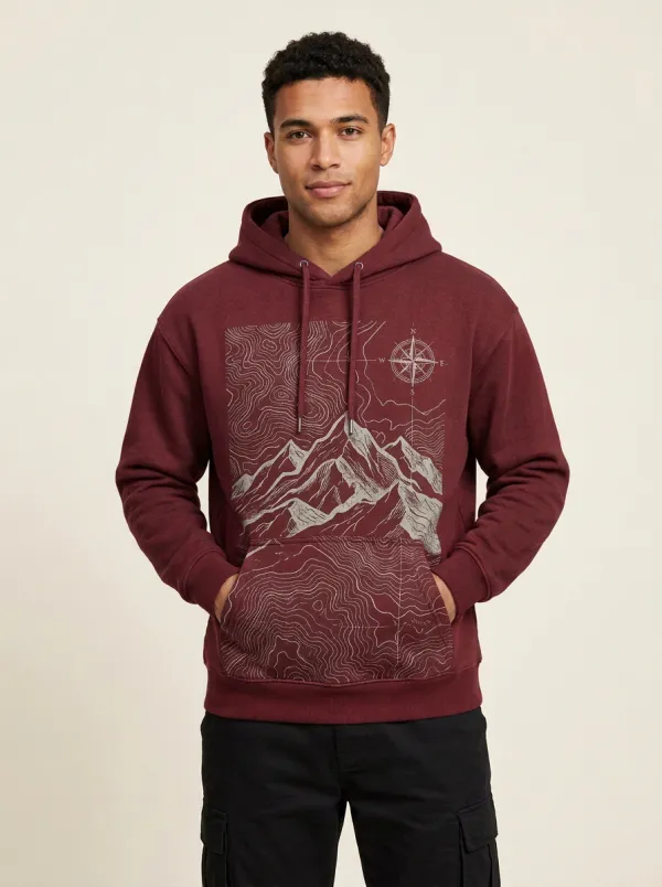 Men's Hiking Adventure Mountain Compass Topographic Graphic Hoodie