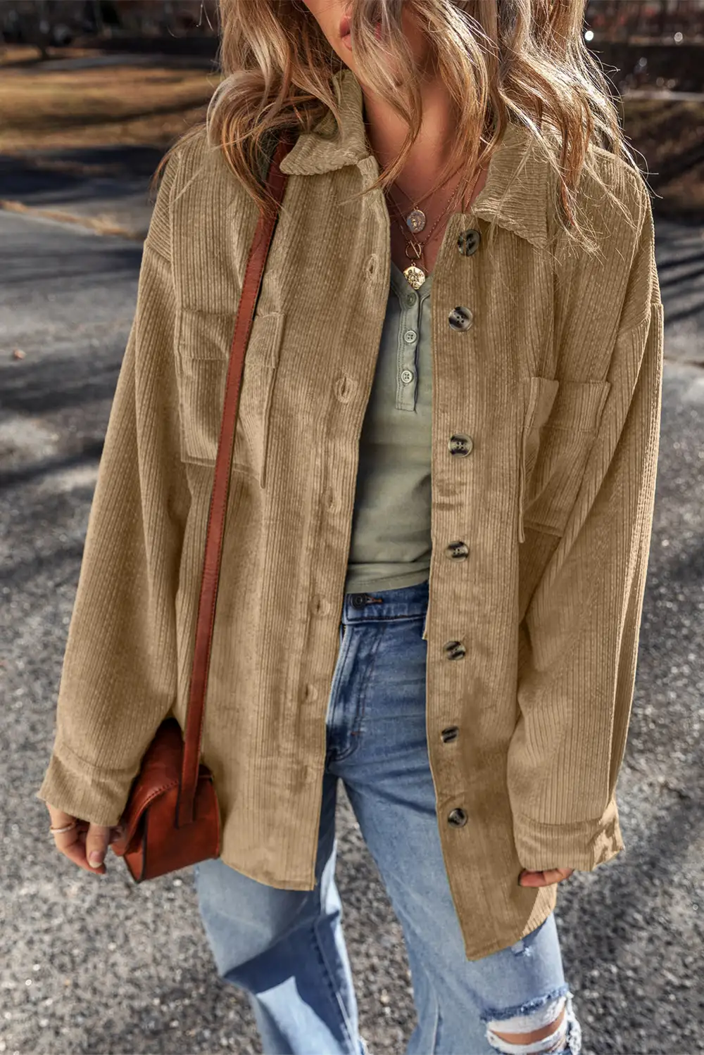 French Patched Pocket Button-Up Corduroy Shirt Jacket