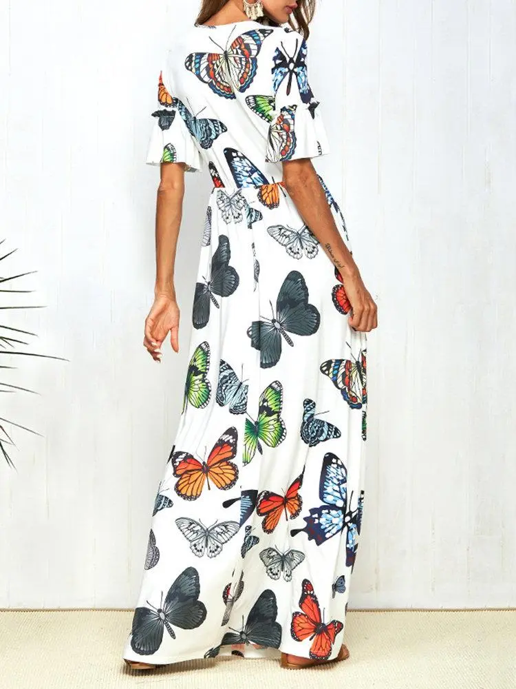 Print Butterfly Short Sleeve V-neck boho long Dress