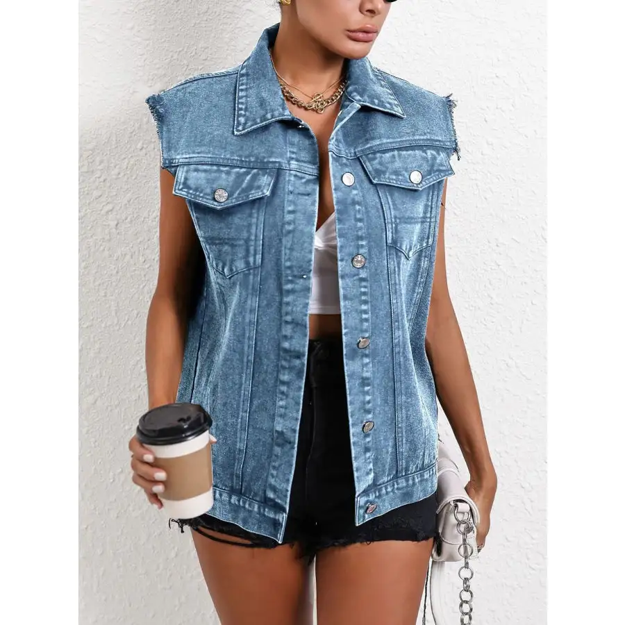 Pocketed Collared Neck Sleeveless Denim Top