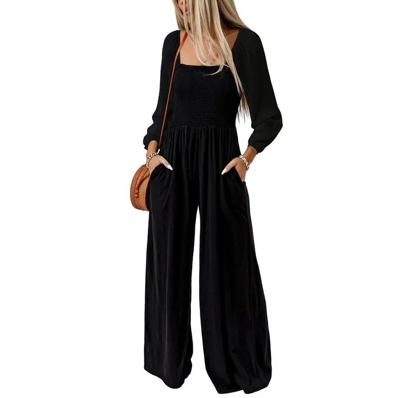 Women's Wide Leg Jumpsuit - Long Sleeve Loose Fit Overalls with Pockets