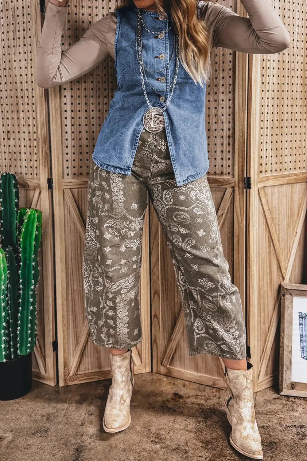 Button Front Slit Cotton Blend Denim Vest