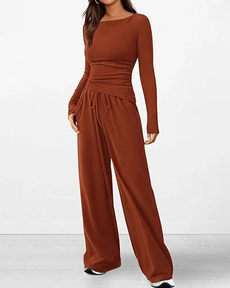 Asymmetrical Long Sleeve Top and Wide Leg Pants Lounge Set