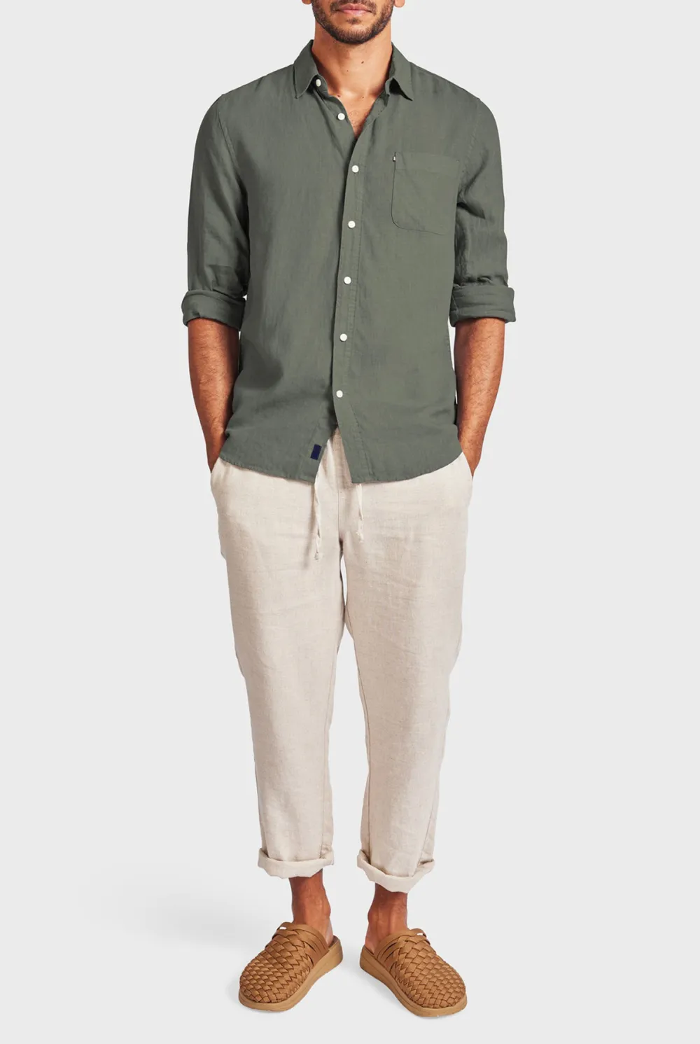 Green Linen Point Collar Shirt