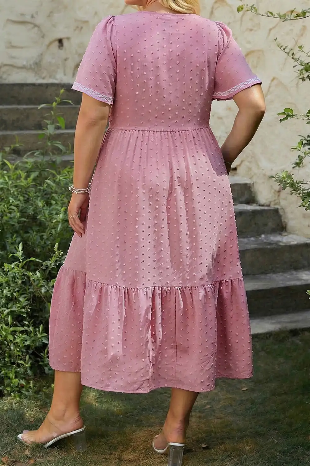 Smocked Short Sleeve High Waist Midi Dress
