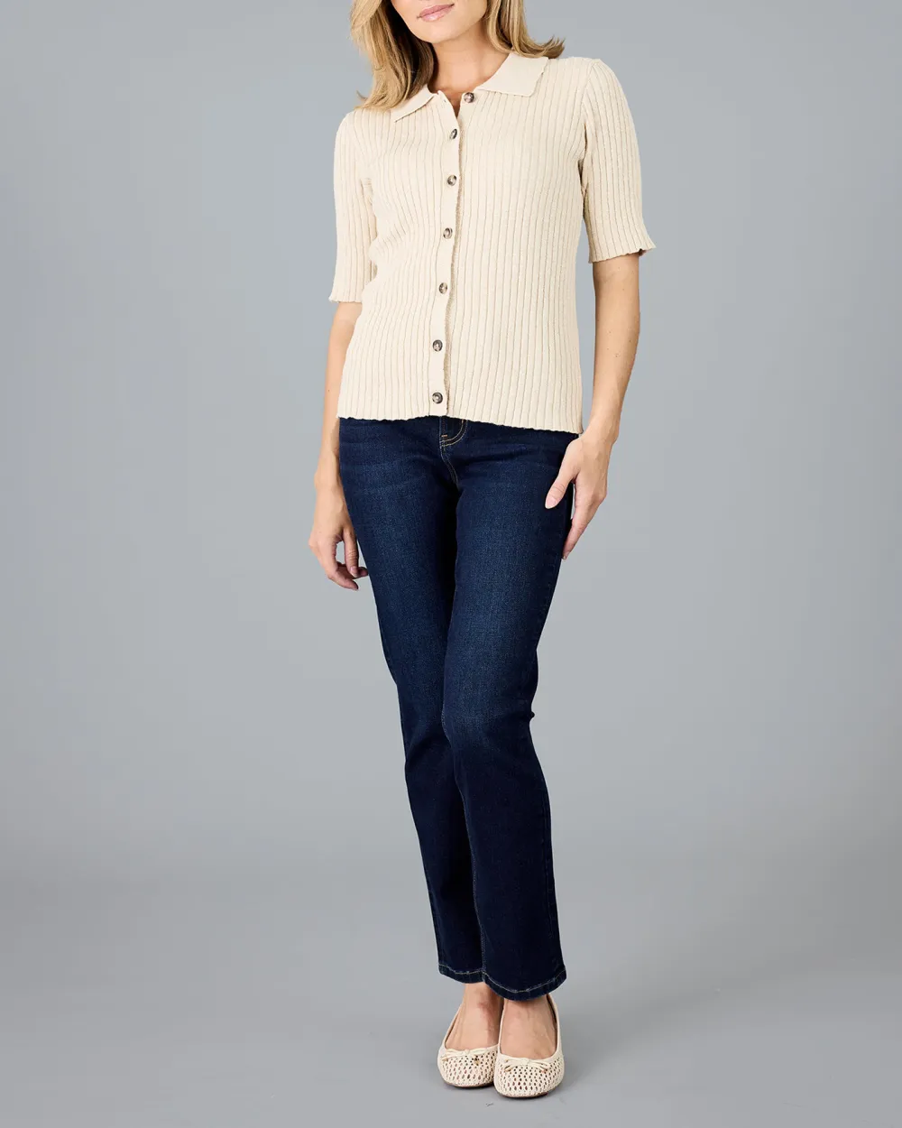 Cream Colored Button Up Knit Top