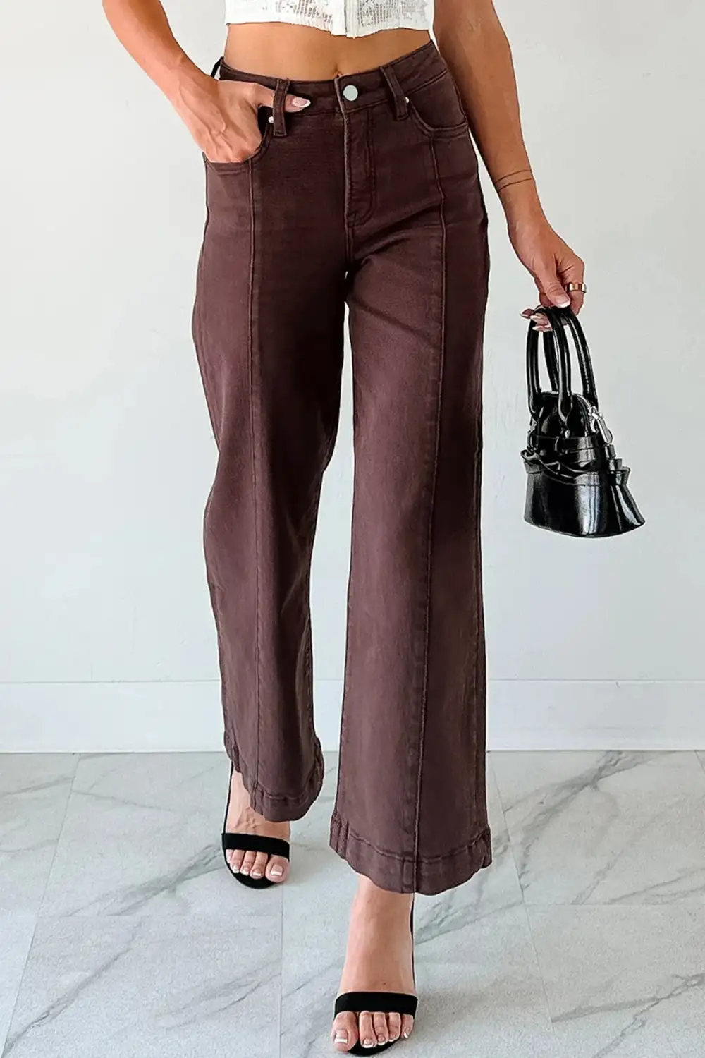 Wide Leg Cropped Sandalwood Solid Seamed Jeans