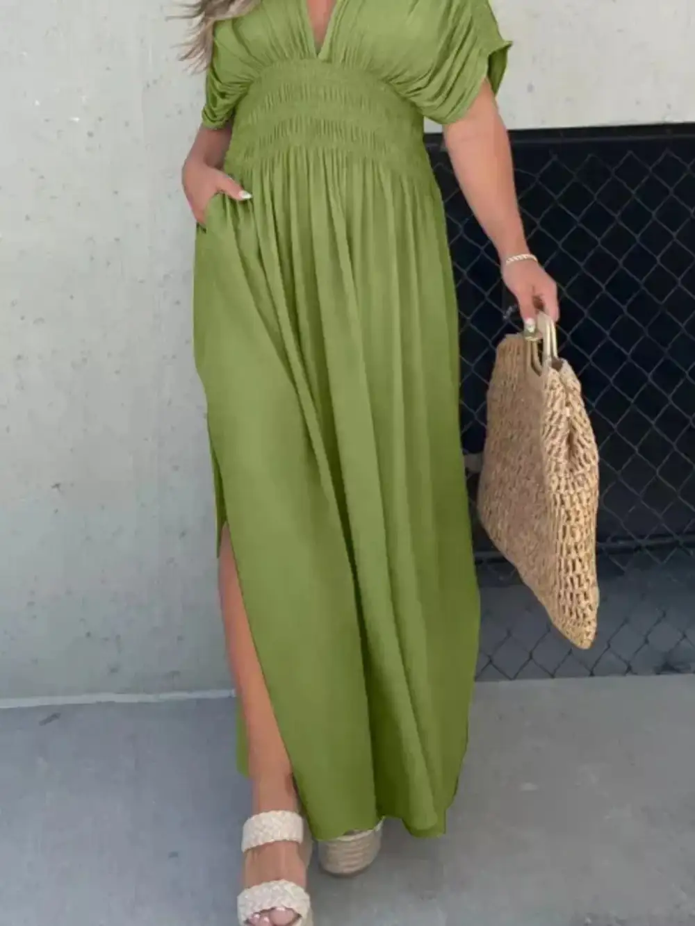 V Neck Smocked Slit Maxi Dress