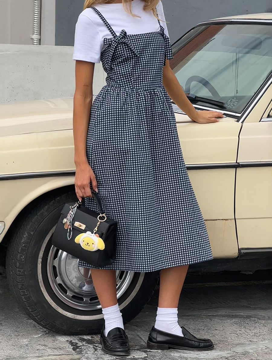 Midi Dress In Mini Dark Blue Gingham