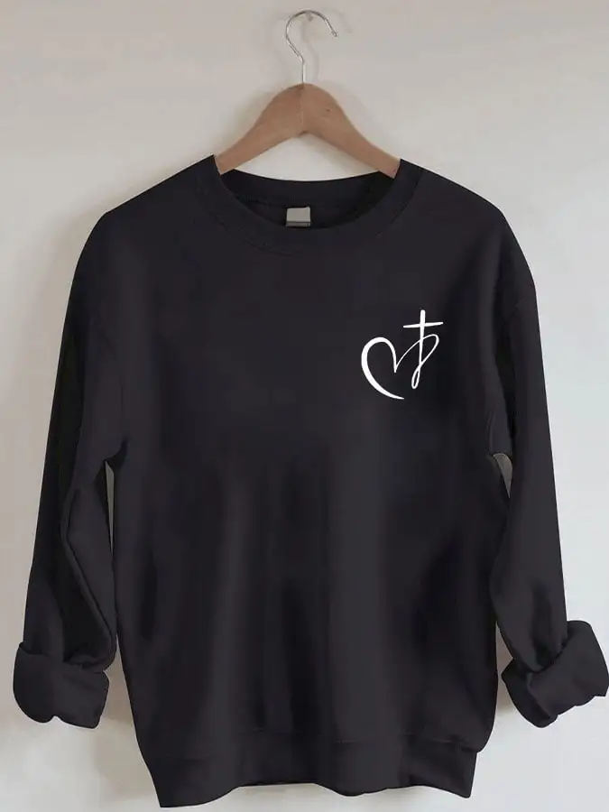 Women's Heart Cross Christian Jesus Has My Back Print Sweatshirt