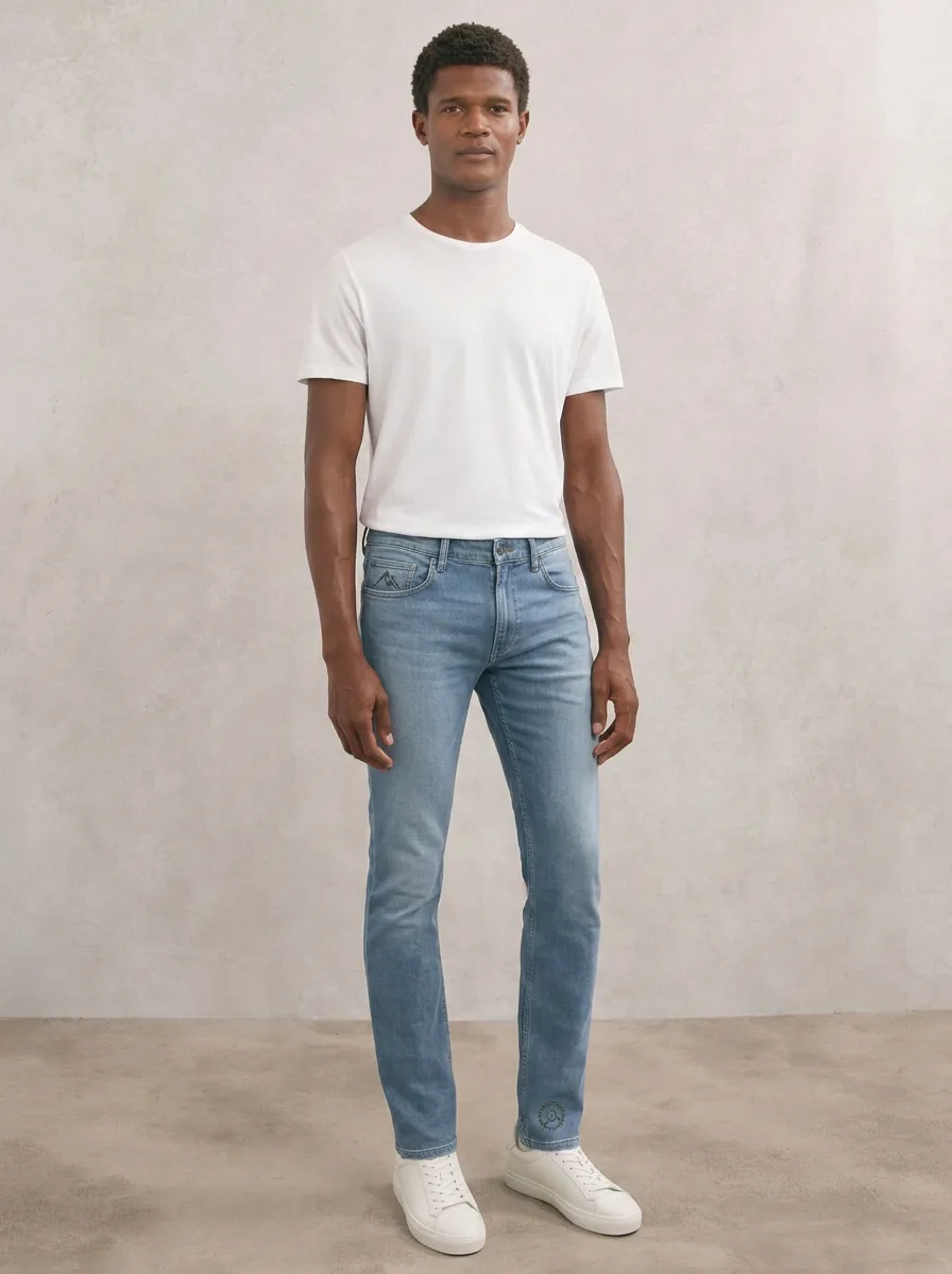 Men's Streamlined Comfort Mountain Logo Embroidered Stretch Denim Jeans