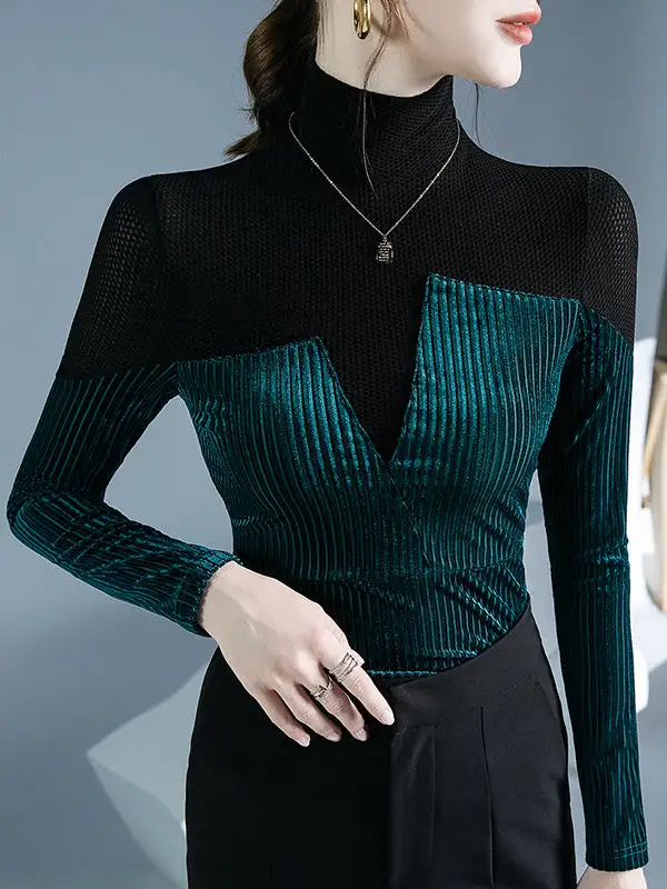 Long Sleeve Slim Fit Contrast Panel Detail High Neck T-Shirt