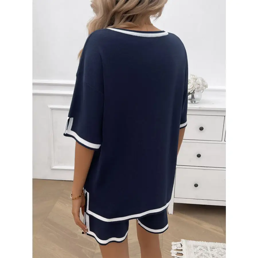 Contrast Trim V Neck Top and Shorts Set