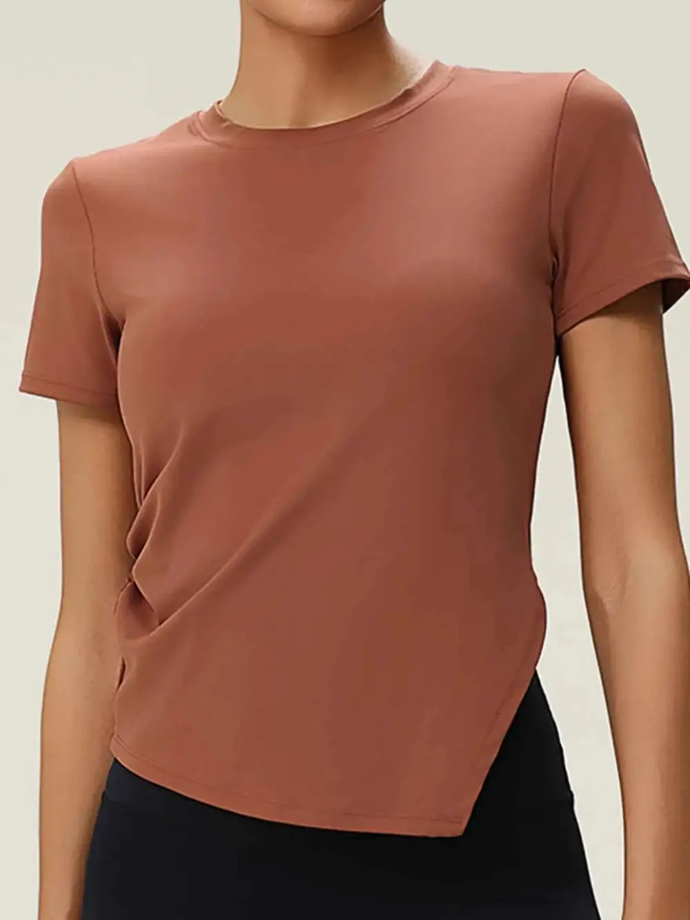 Slit Round Neck Short Sleeve Active T-Shirt