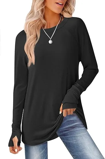 Womens Tunic Tops to Wear with Leggings Long Sleeve Thumb Hole Shirts Crew Neck Curved Hem