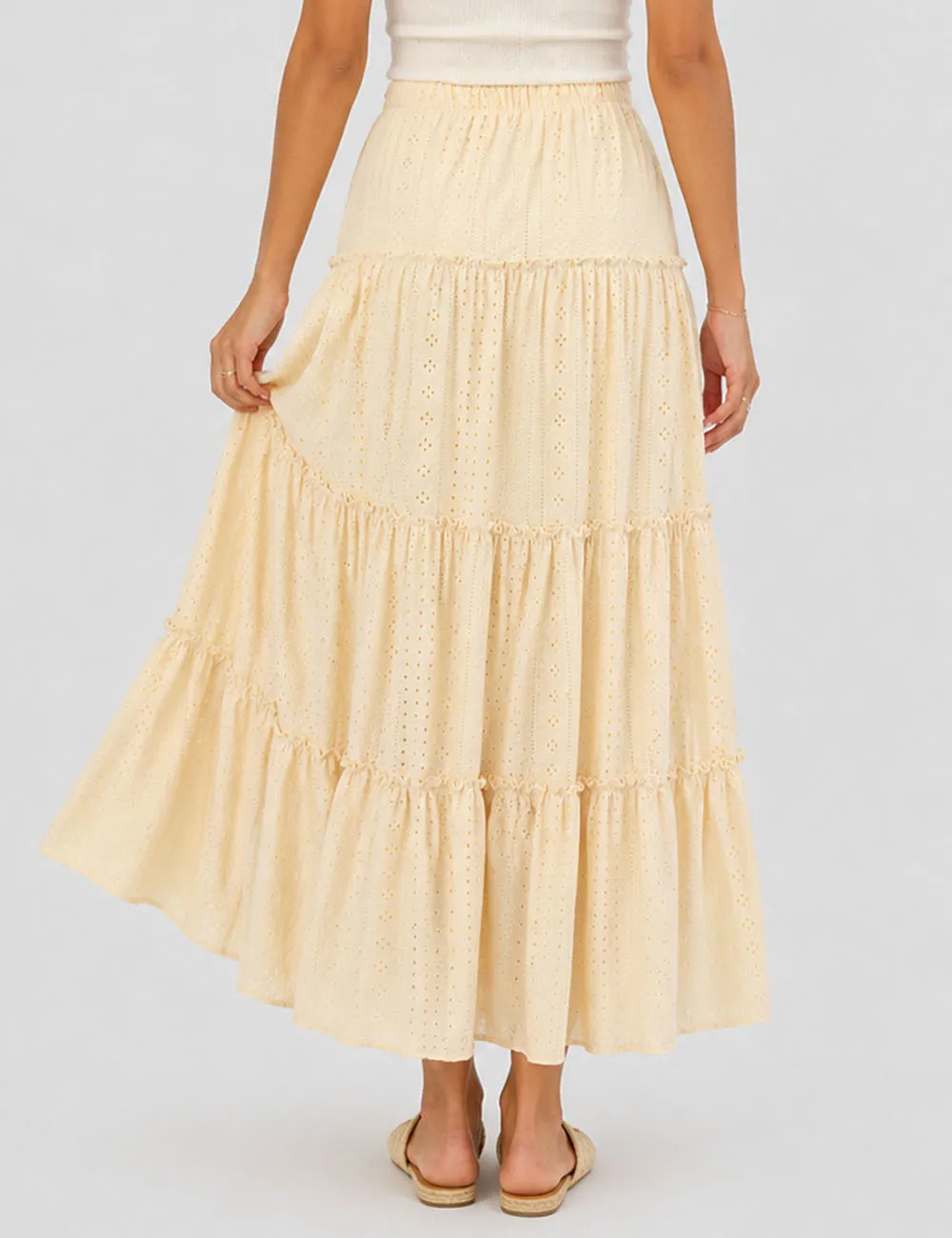 Solid Color Eyelet Tiered Ruffle Maxi Skirt