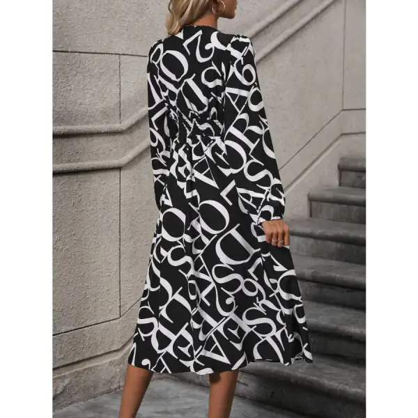 Everyday Printed V-neck Long Sleeve Midi Dress