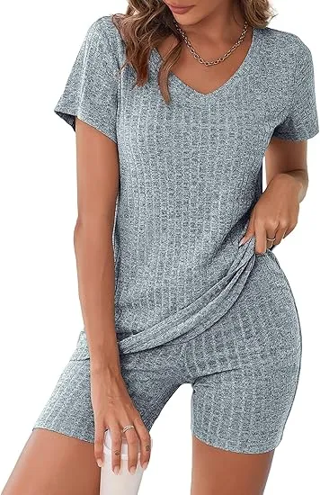 10PACK-Ribbed Pajama Short Sleeve Workout Set