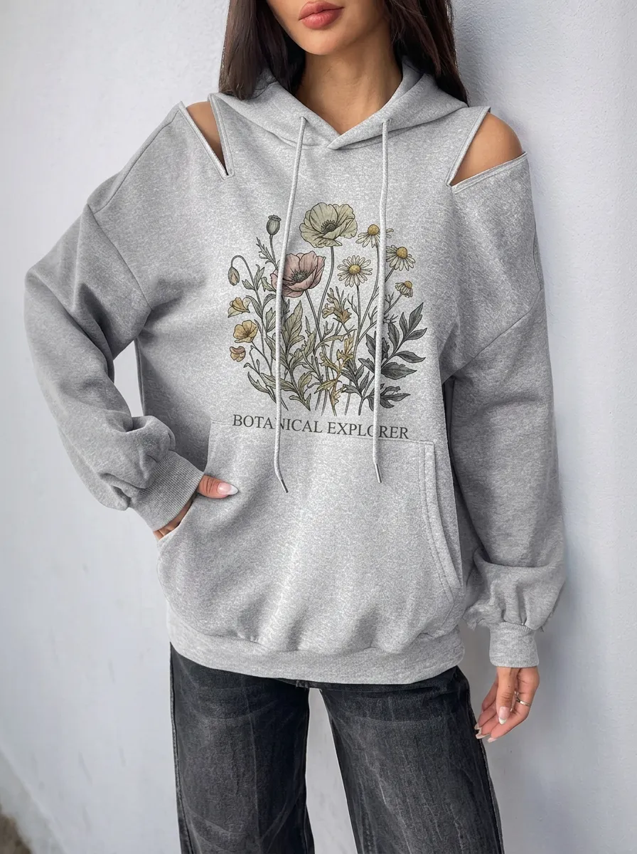 Women's Botanical Explorer Wildflower Printed Cold Shoulder Hoodie