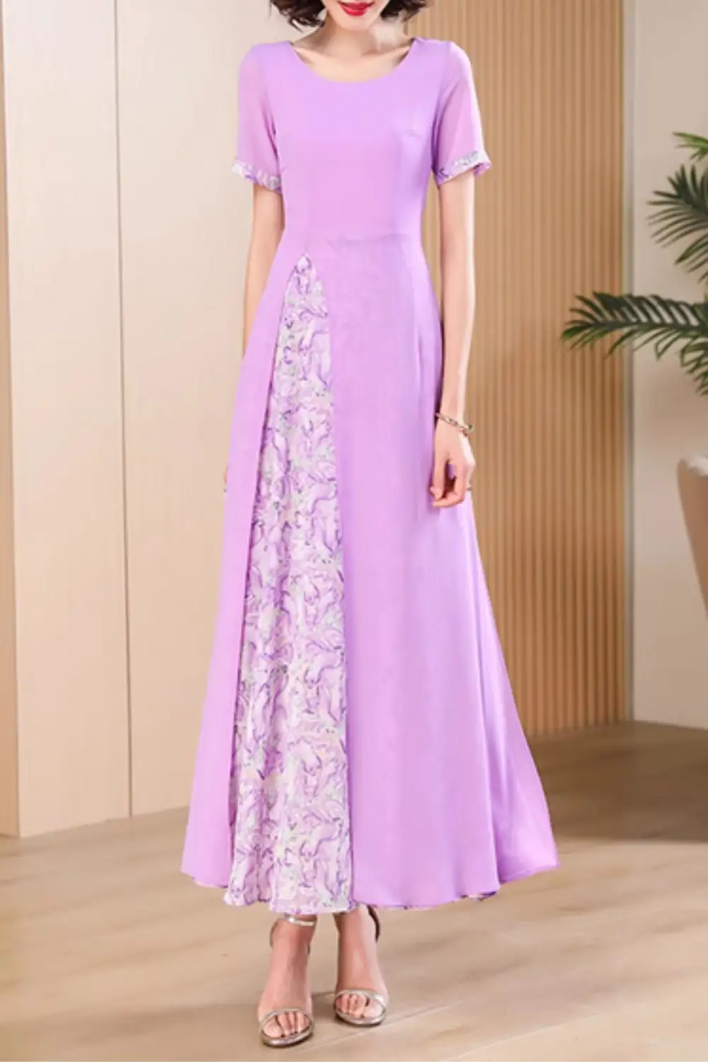 Textured Chiffon Short Sleeve Maxi Dress