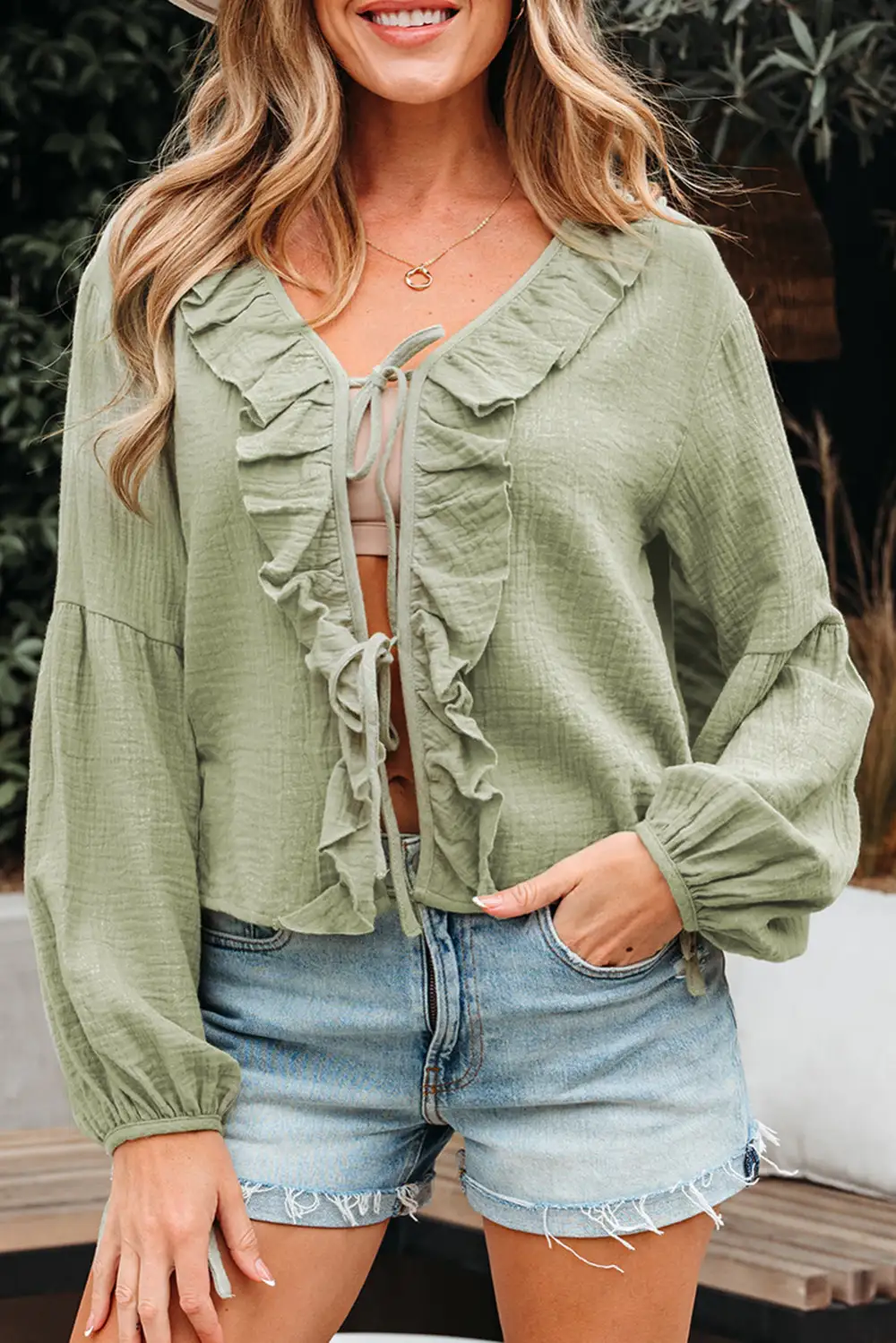 Ruffle Trim Long Sleeve V Neck Blouse