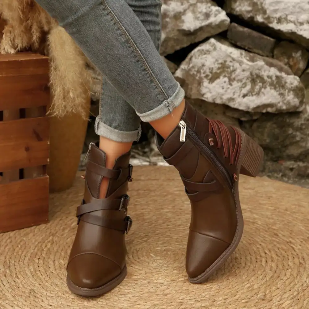 Point Toe Buckle Strap Ankle Boots with Block Heels