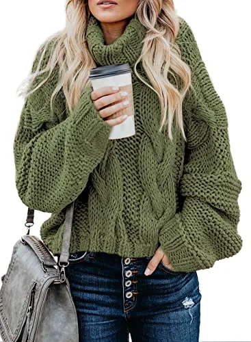 Women's 2025 Turtleneck Balloon Long Sleeve Casual Loose Chunky Cable Knit Pullover Sweater Outerwear