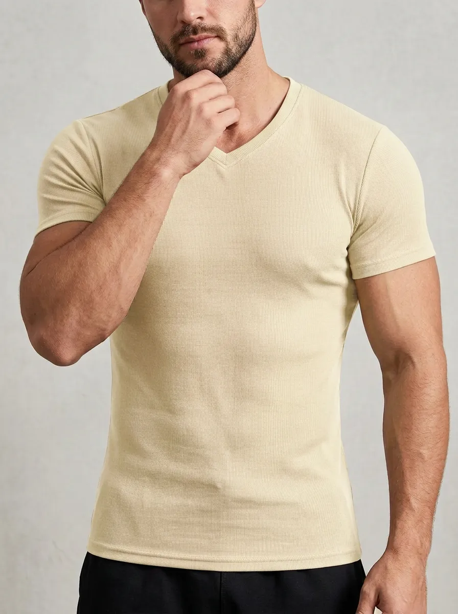 Minimal Ribbed V-Neck Finish Men's Slim Fit Short Sleeve T-Shirt