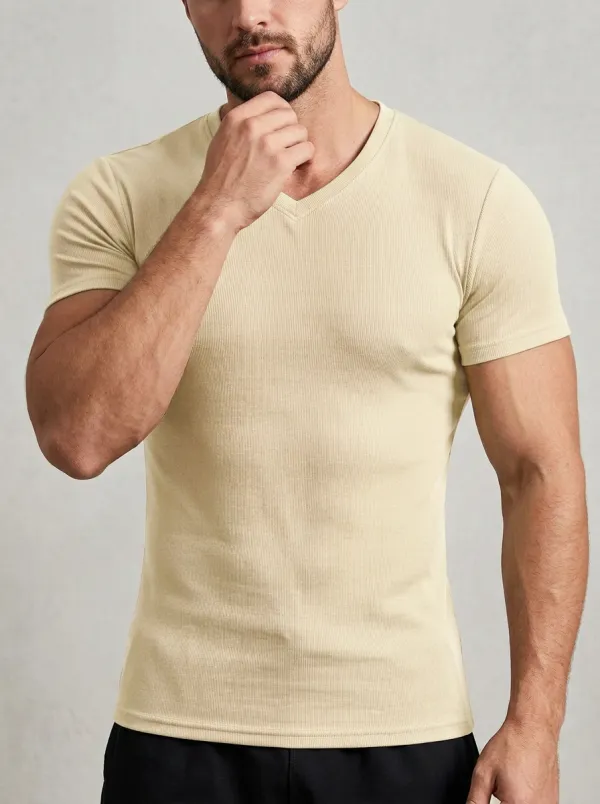 Minimal Ribbed V-Neck Finish Men's Slim Fit Short Sleeve T-Shirt